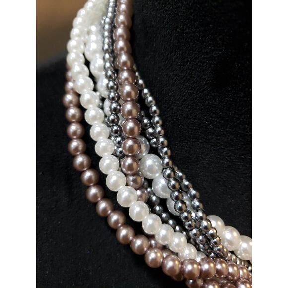 Women's Pearl Beaded Statement Necklace White/Brown Gunmetal Barrel Clasp - Picture 5 of 7